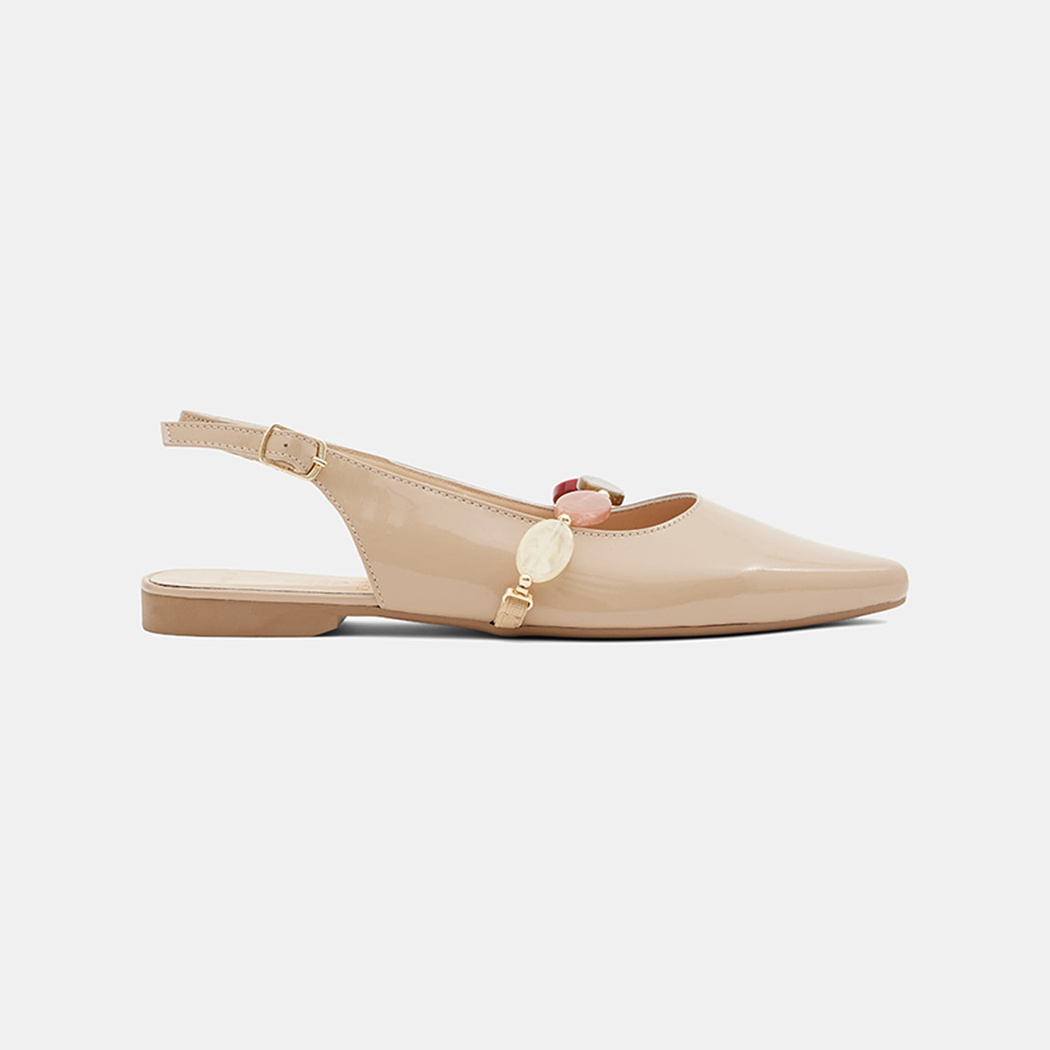 Kadın Ten Renkli Taş Aksesuarlı Sivri Burunlu Rugan Babet