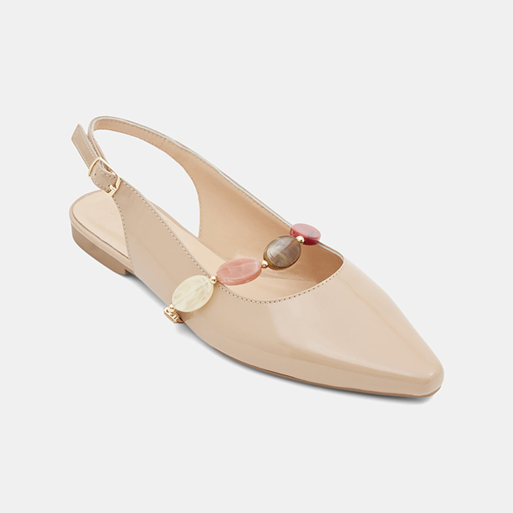 Kadın Ten Renkli Taş Aksesuarlı Sivri Burunlu Rugan Babet