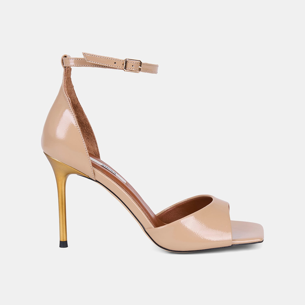 Kadın Ten Tek Bantlı İnce Topuklu Rugan Deri Abiye Sandalet 