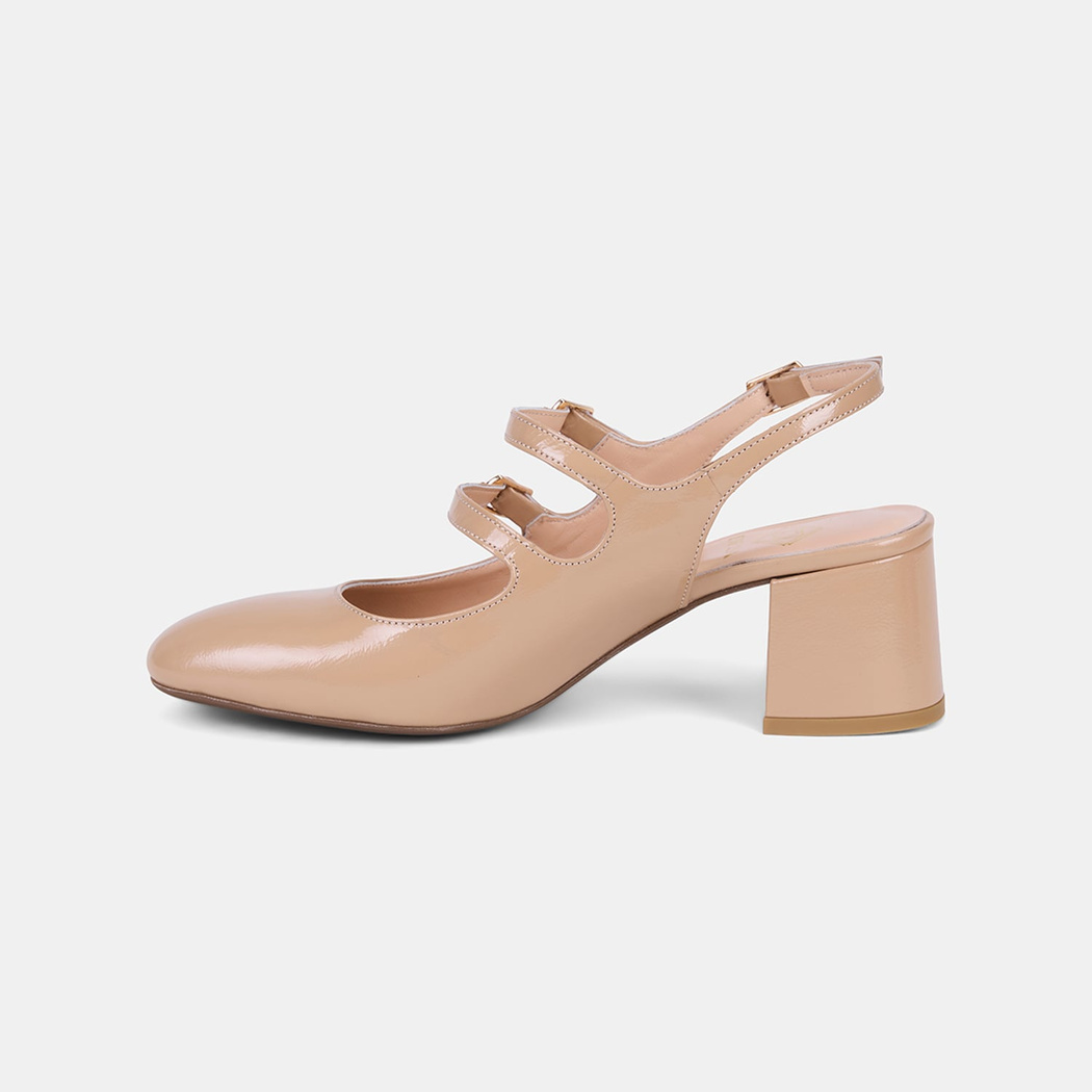 Kadın Ten Tokalı Kalın Topuklu Klasik Rugan Deri Ayakkabı