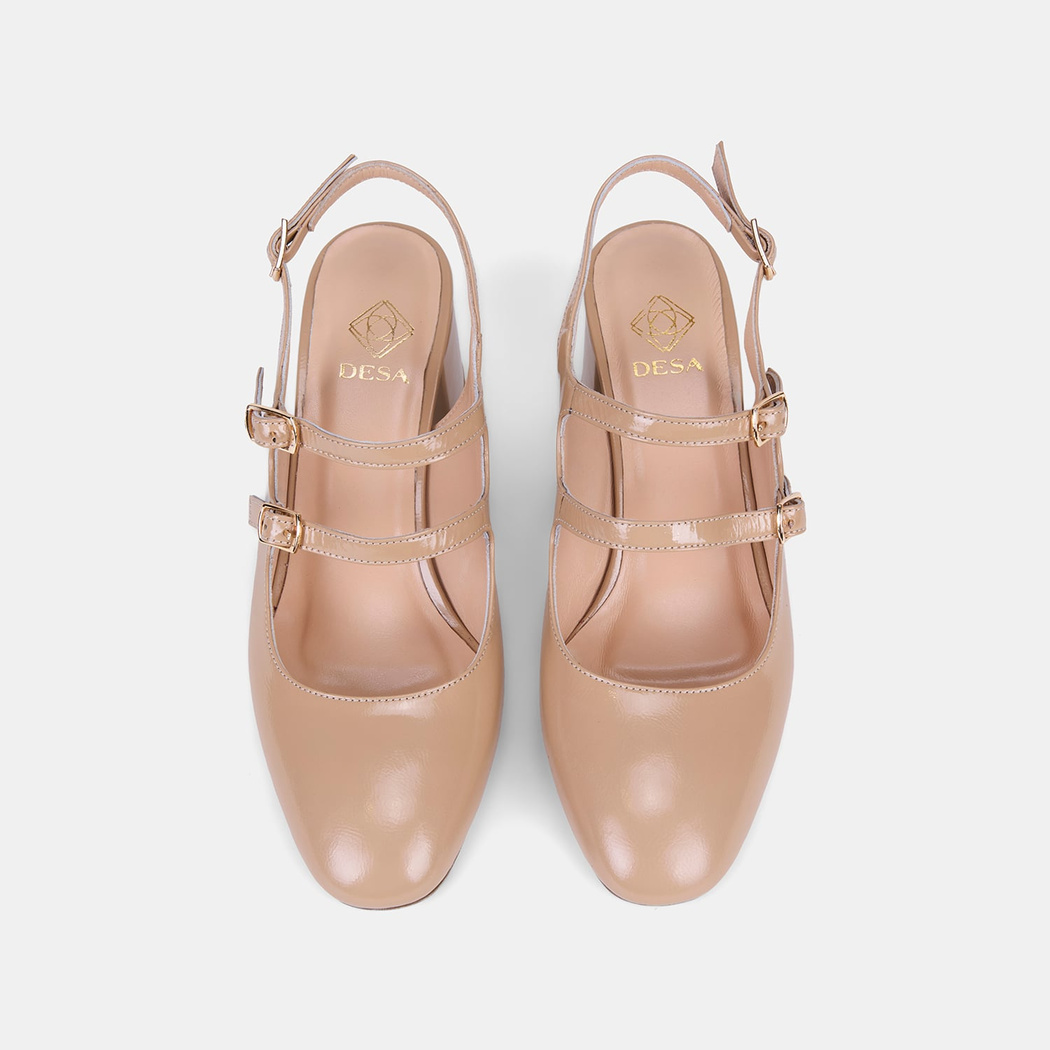 Kadın Ten Tokalı Kalın Topuklu Klasik Rugan Deri Ayakkabı