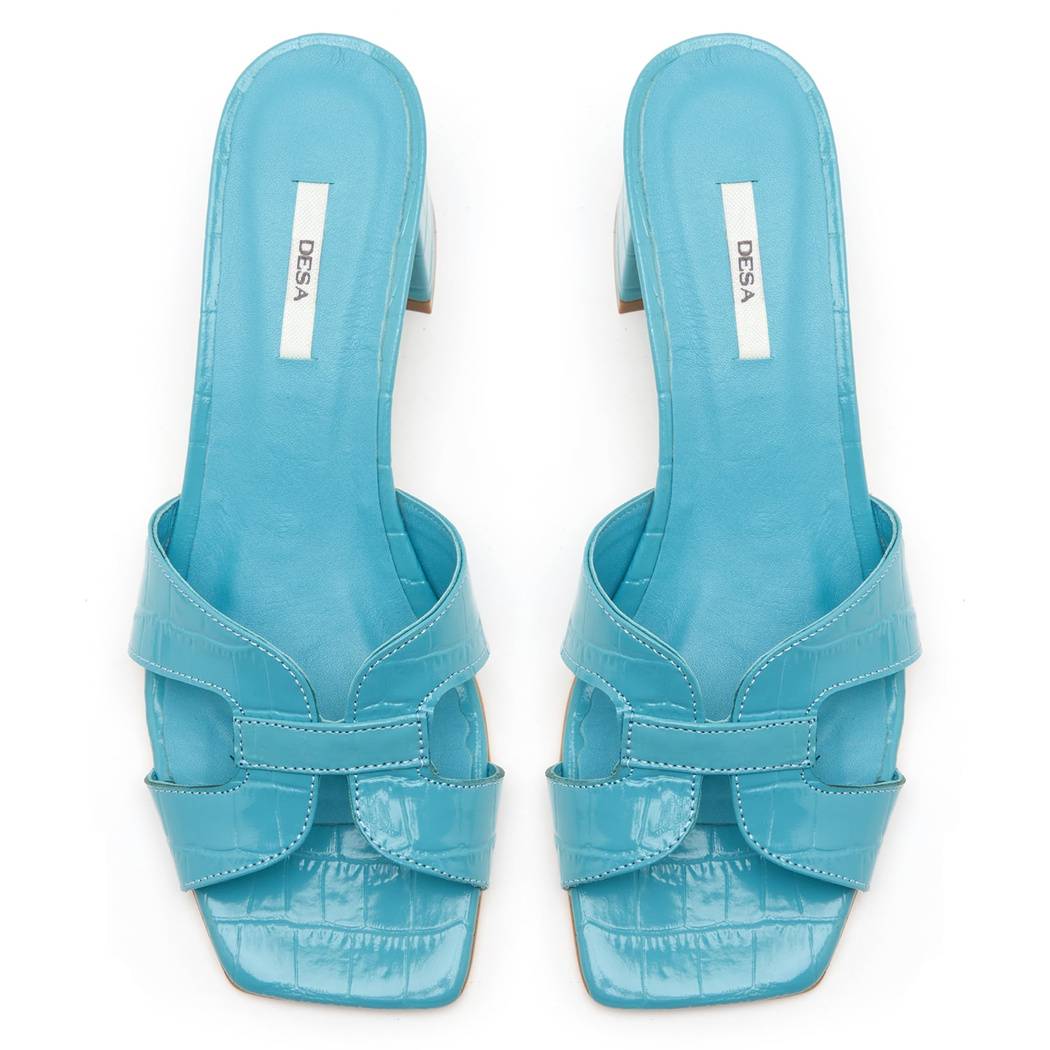 Kadın Turkuaz Kroko Baskılı Deri Terlik