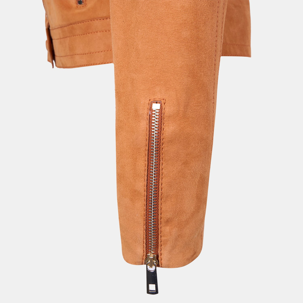 Kadın Turuncu Gömlek Yakalı Süet Biker Ceket