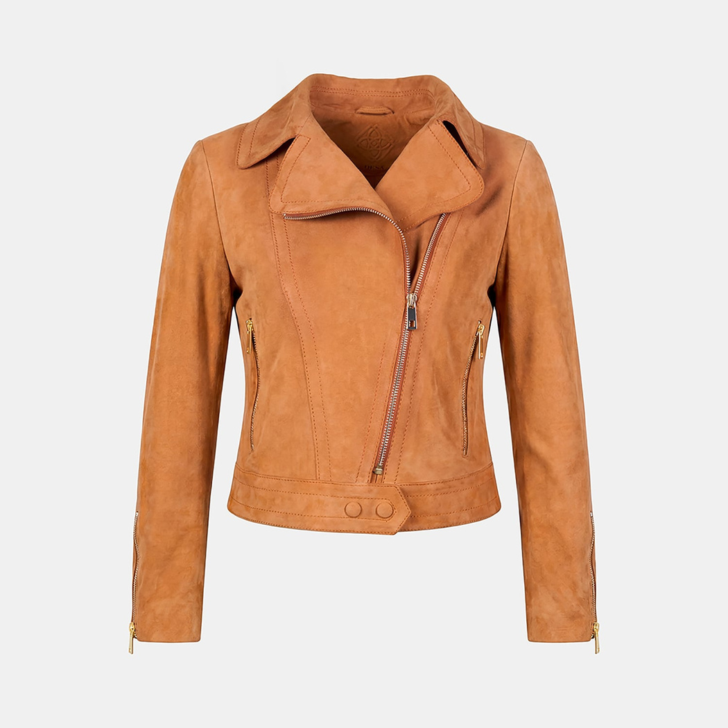 Kadın Turuncu Gömlek Yakalı Süet Biker Ceket