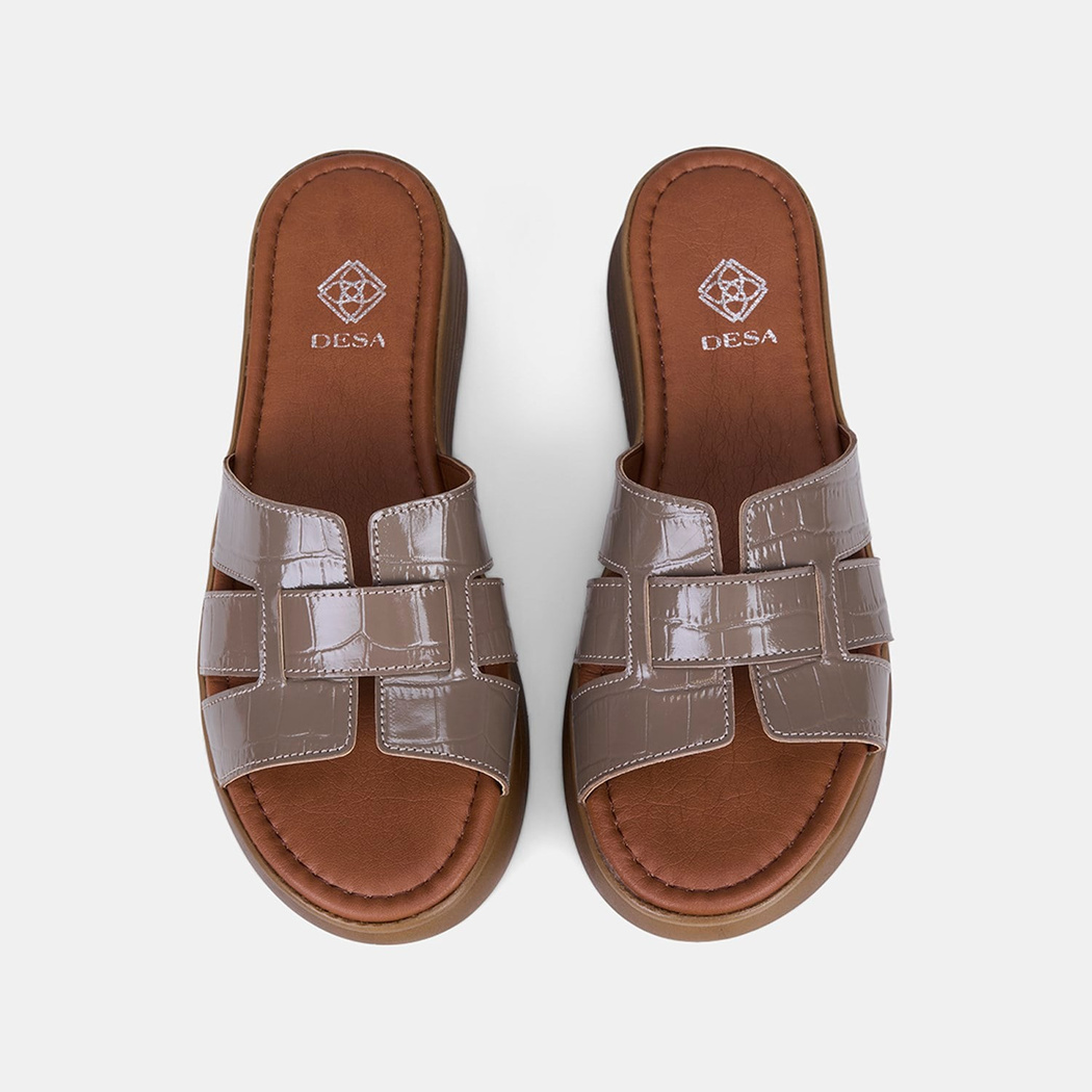 Kadın Vizon Kroko Baskılı Dolgu Topuklu Rugan Deri Terlik