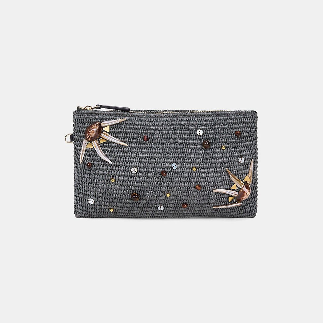Kadın Yeşil Boncuk İşlemeli Hasır Clutch