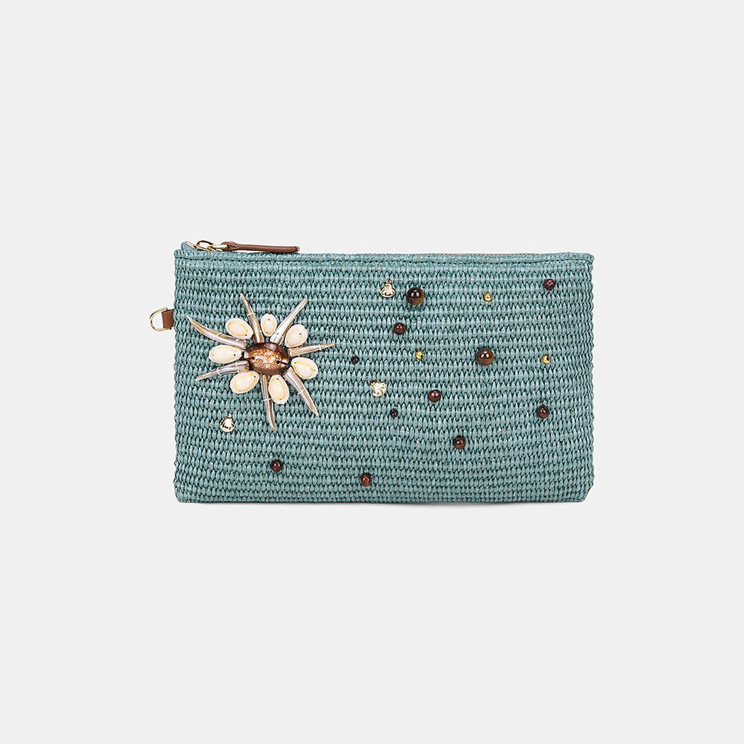 Kadın Yeşil Deniz Kabuğu Aksesuarlı Hasır Clutch