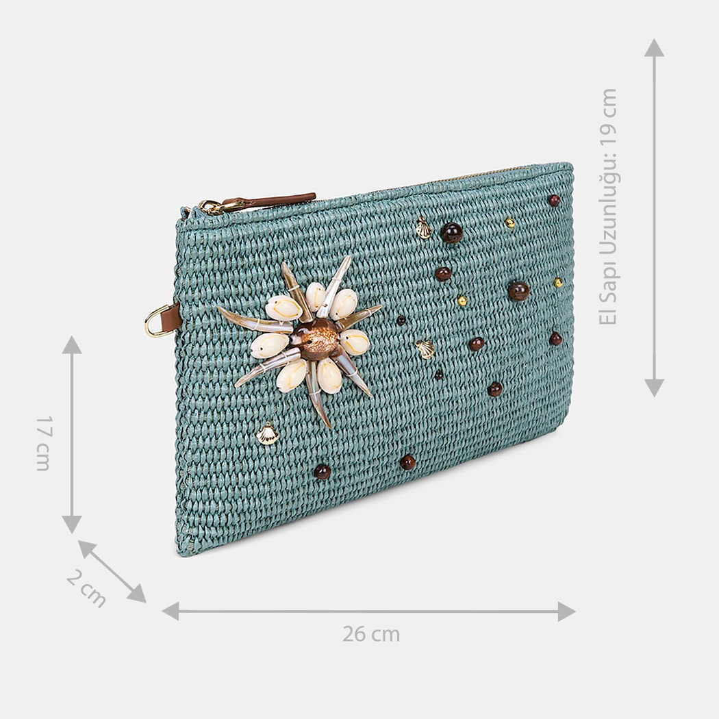 Kadın Yeşil Deniz Kabuğu Aksesuarlı Hasır Clutch