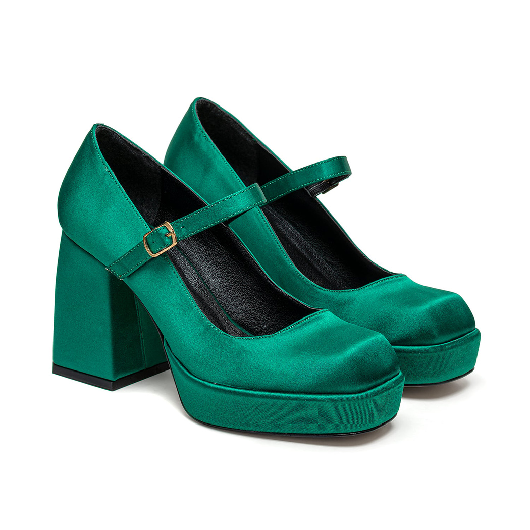 Kadın Yeşil Saten Mary Jane Platform Ayakkabı