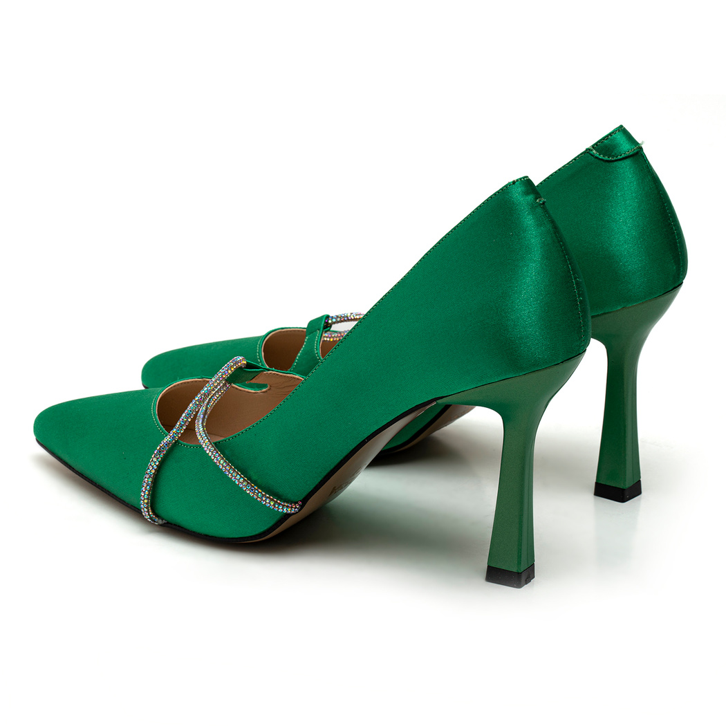 Kadın Yeşil Saten Taşlı Stiletto