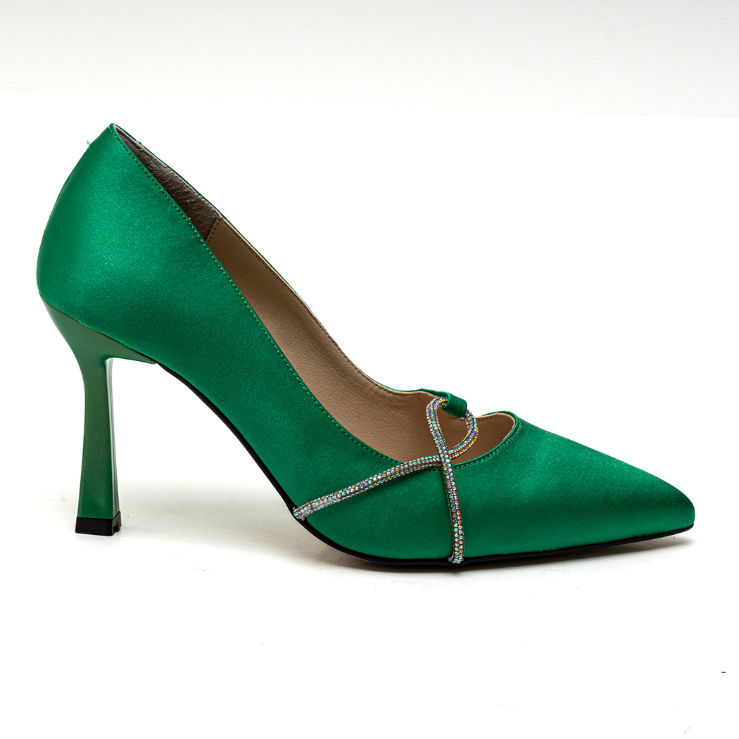 Kadın Yeşil Saten Taşlı Stiletto