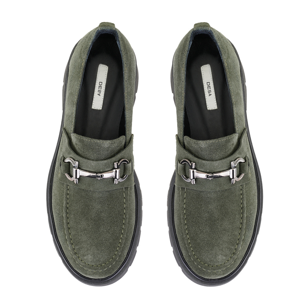 Kadın Yeşil Toka Aksesuarlı Süet Deri Loafer