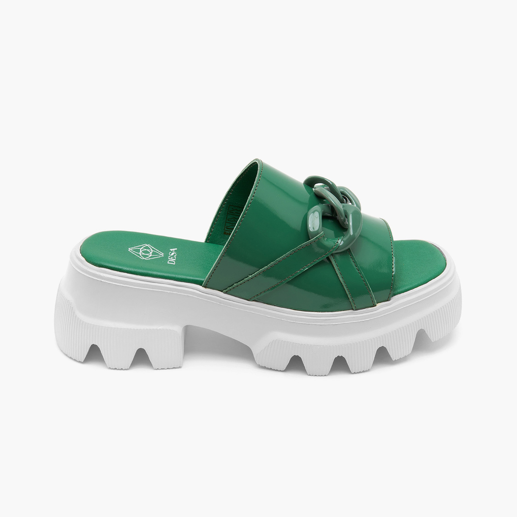 Kadın Yeşil Zincir Detaylı Deri Terlik