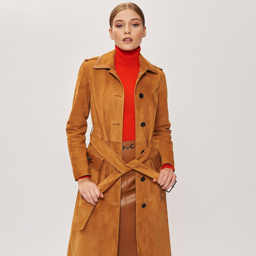 Kahve Diana Kadın Zincir Detaylı Uzun Süet Kaban