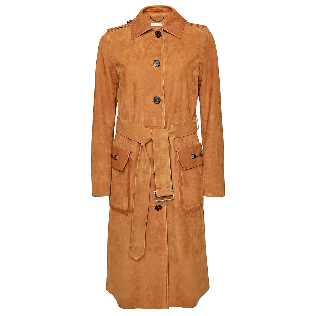 Kahve Diana Kadın Zincir Detaylı Uzun Süet Kaban