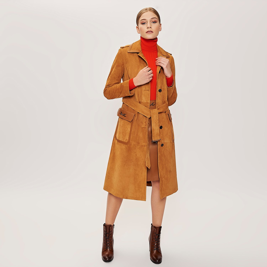 Kahve Diana Kadın Zincir Detaylı Uzun Süet Kaban