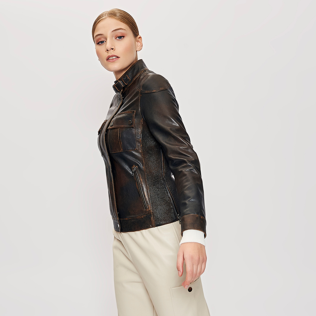 Kahve Ebony Kadın Vintage Deri Mont