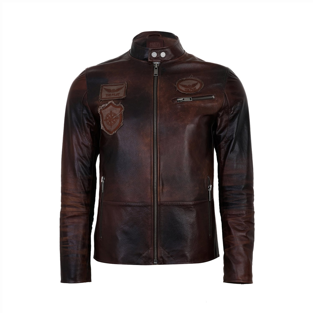 Kahve Erkek Vintage Deri Biker Ceket