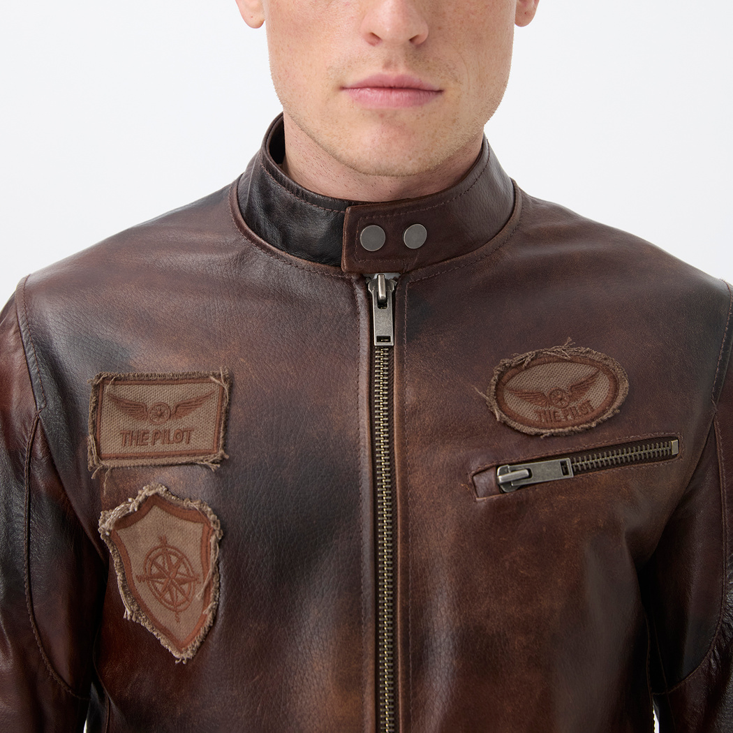 Kahve Erkek Vintage Deri Biker Ceket