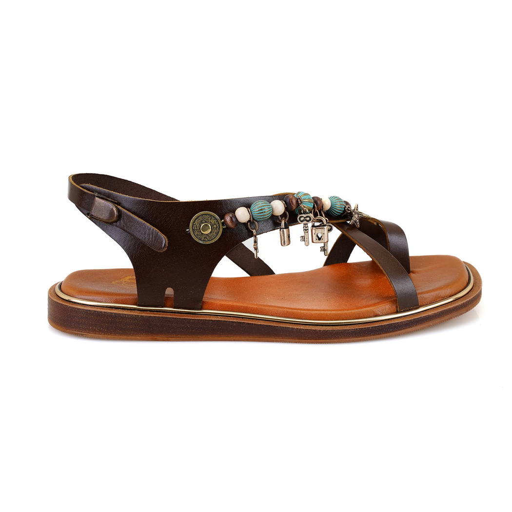 Kahve Kadın Aksesuar Detaylı Deri Sandalet