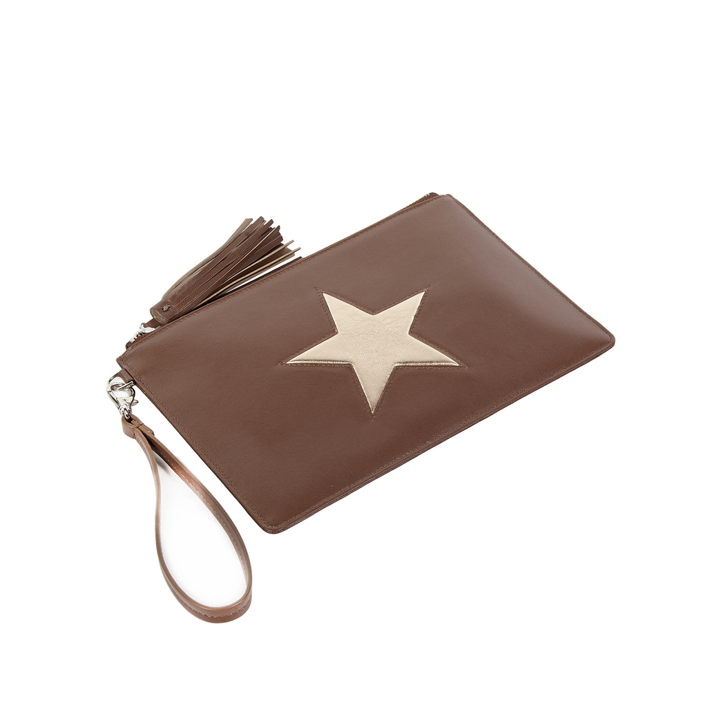 Kahve Yıldızlı Kadın Deri Clutch