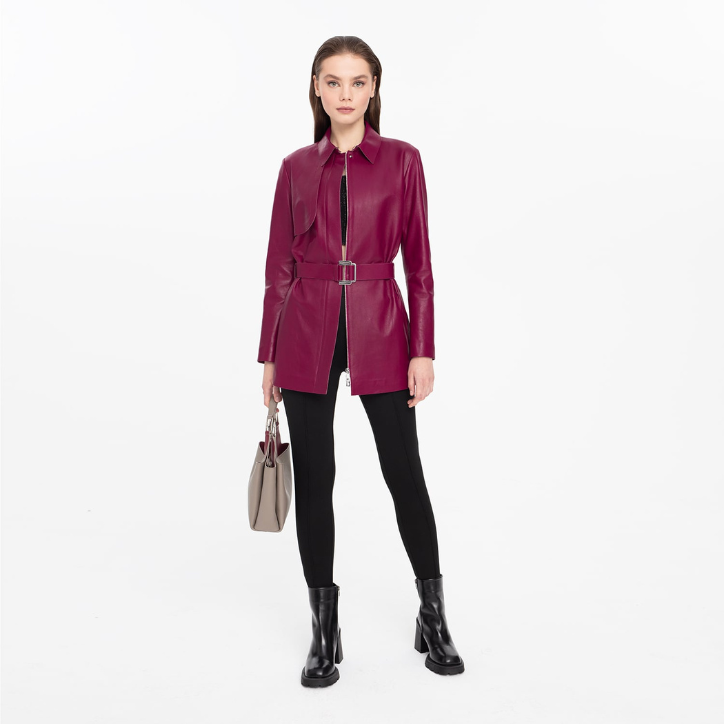 Kelly Bordo Kadın Deri Trençkot