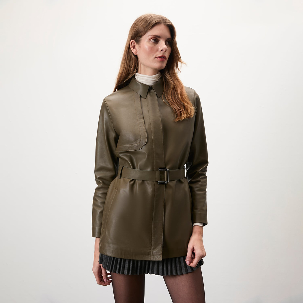 Kelly Yeşil Kadın Deri Trençkot