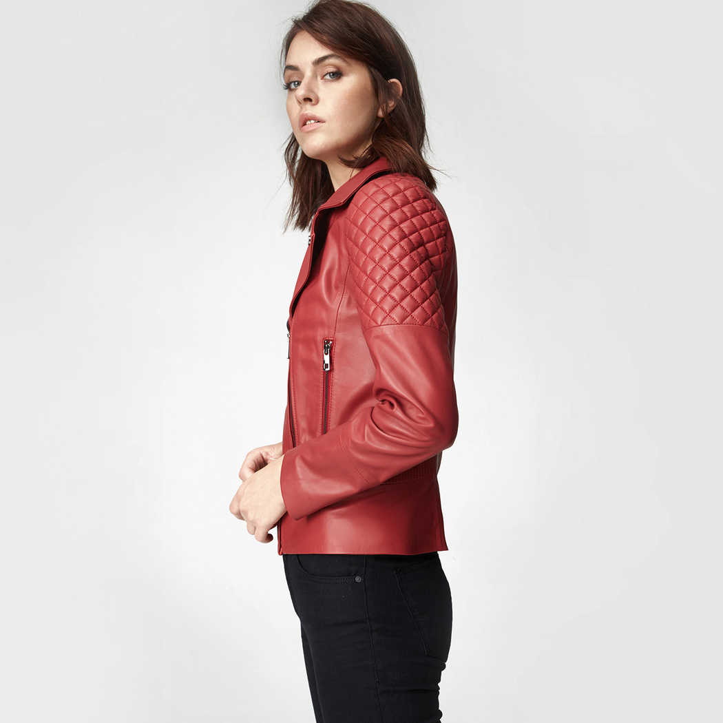 Kırmızı Delma Kadın Deri Biker Mont