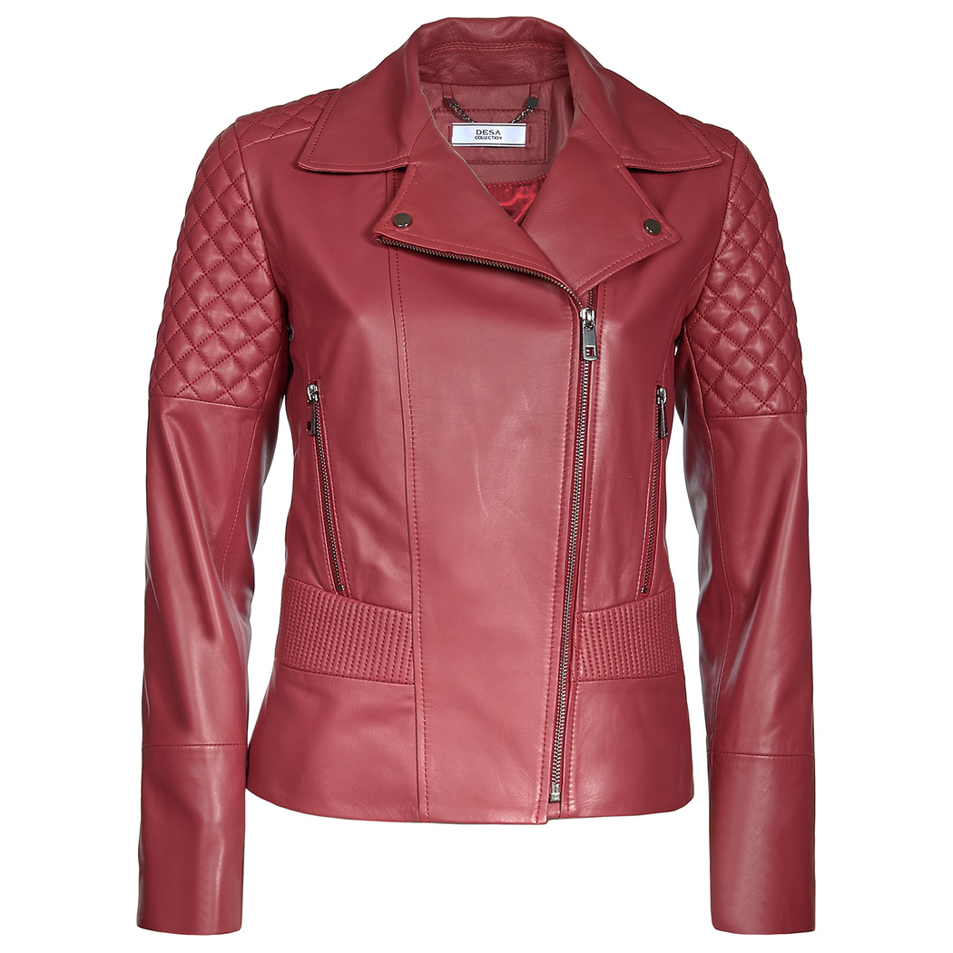 Kırmızı Delma Kadın Deri Biker Mont