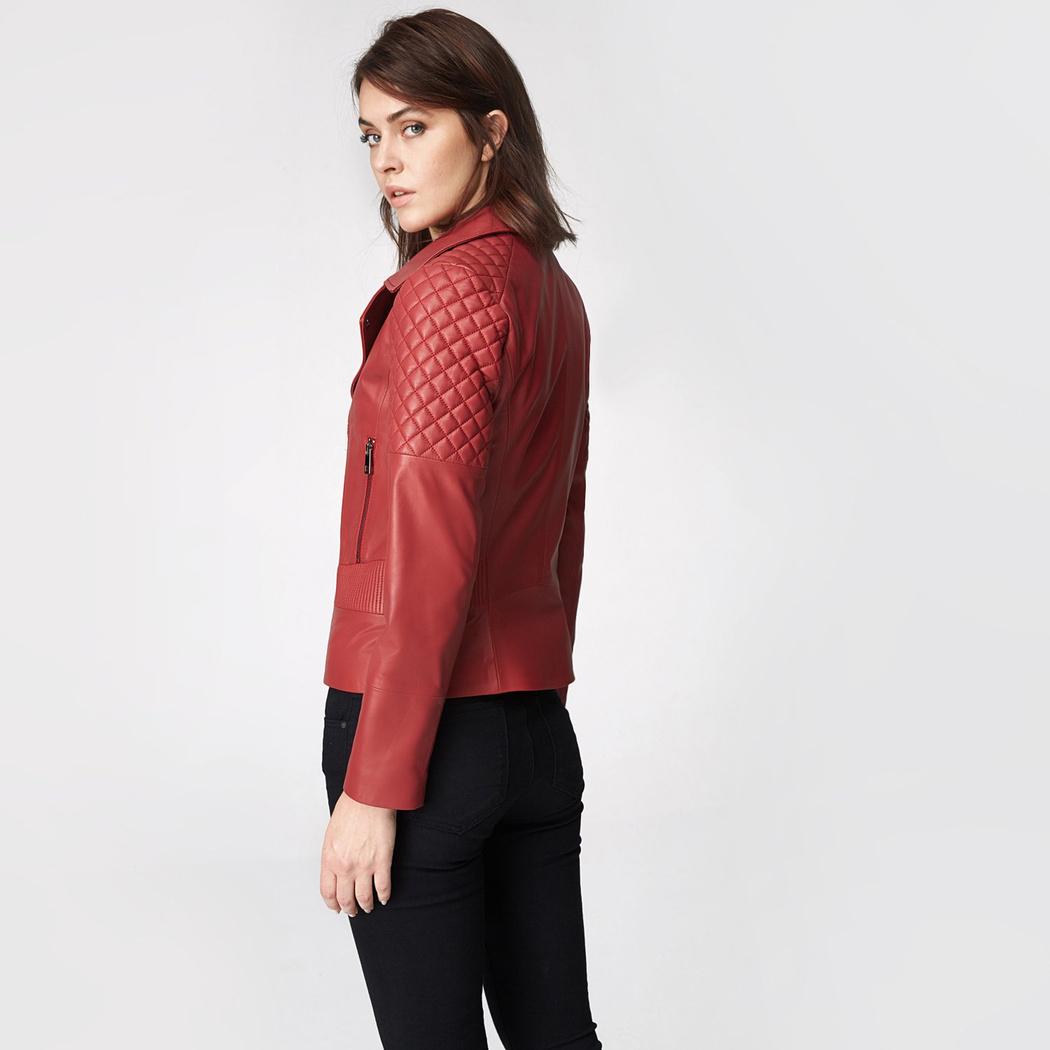 Kırmızı Delma Kadın Deri Biker Mont