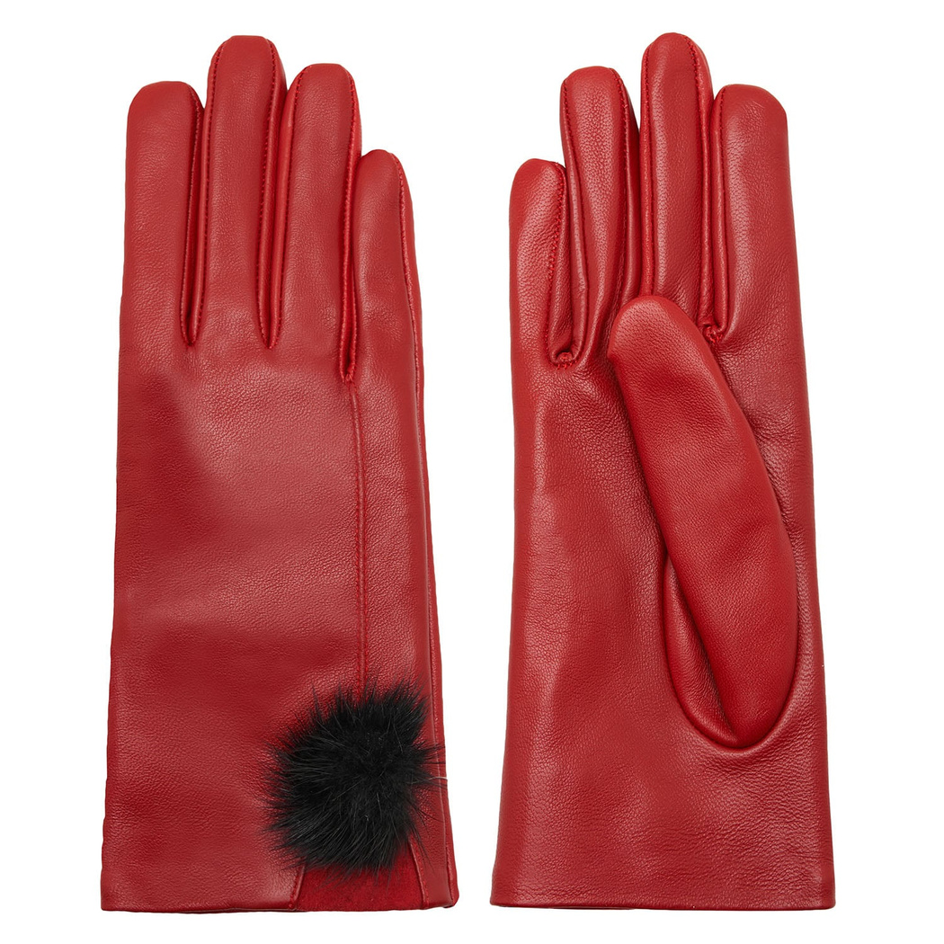 Kırmızı Kadın Kürk Detaylı Deri Eldiven