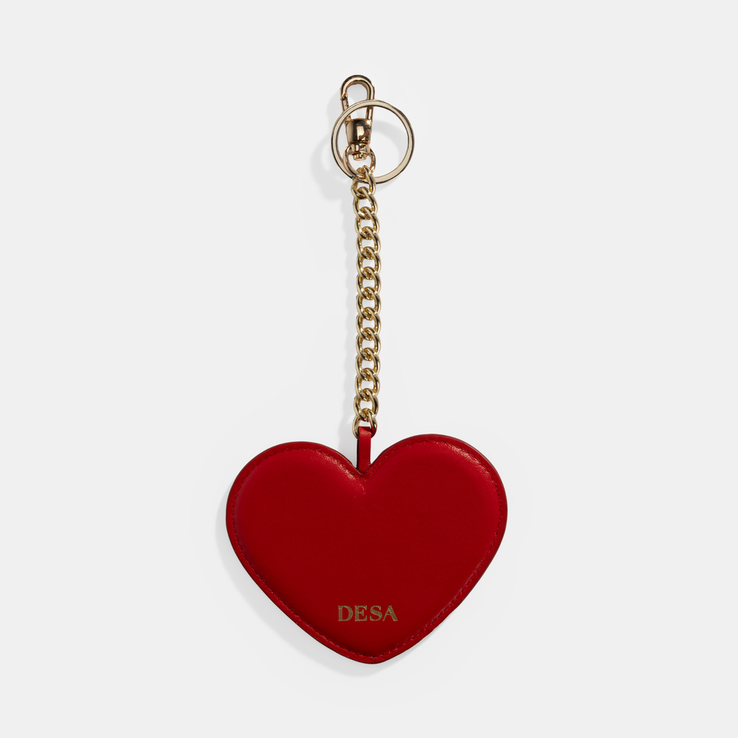 Kırmızı Kalpli Çift Taraflı Aynalı Deri Anahtarlık