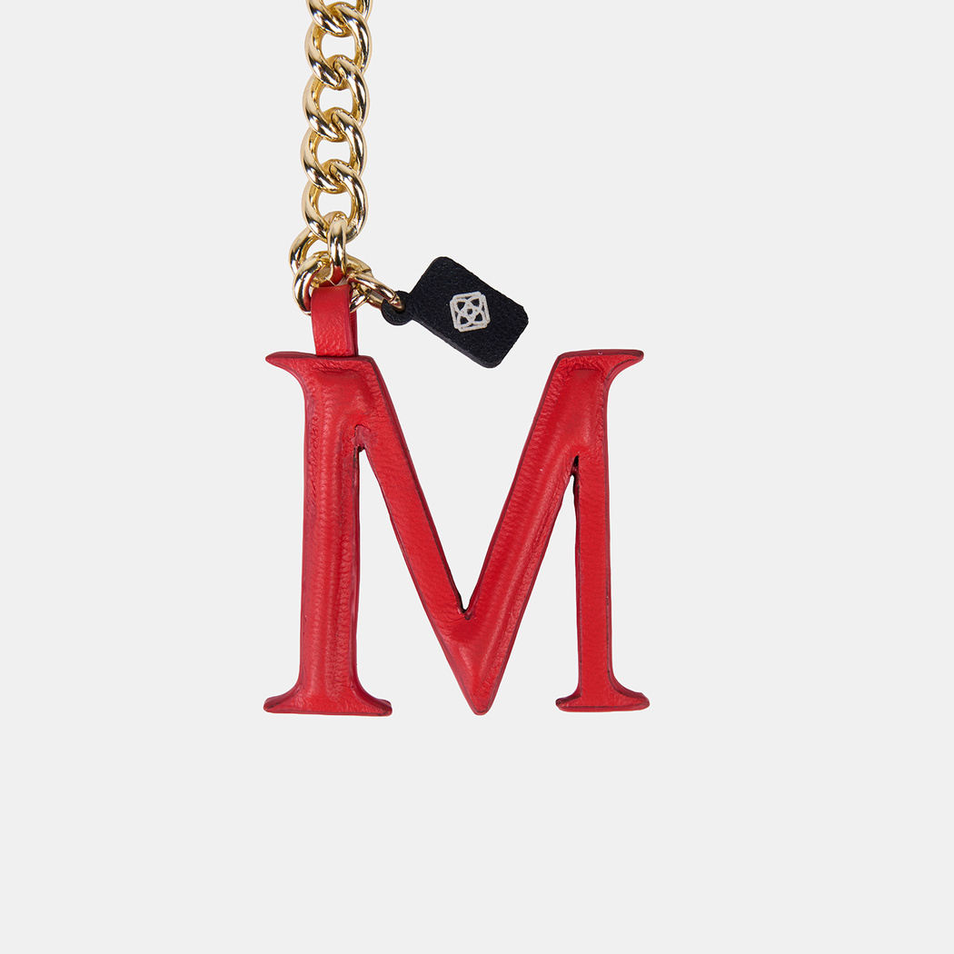 Kırmızı M Harfi Gold Zincirli Deri Charm / Anahtarlık
