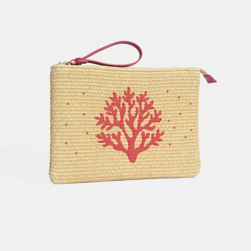 Kırmızı Mercan Nakışlı Hasır Clutch