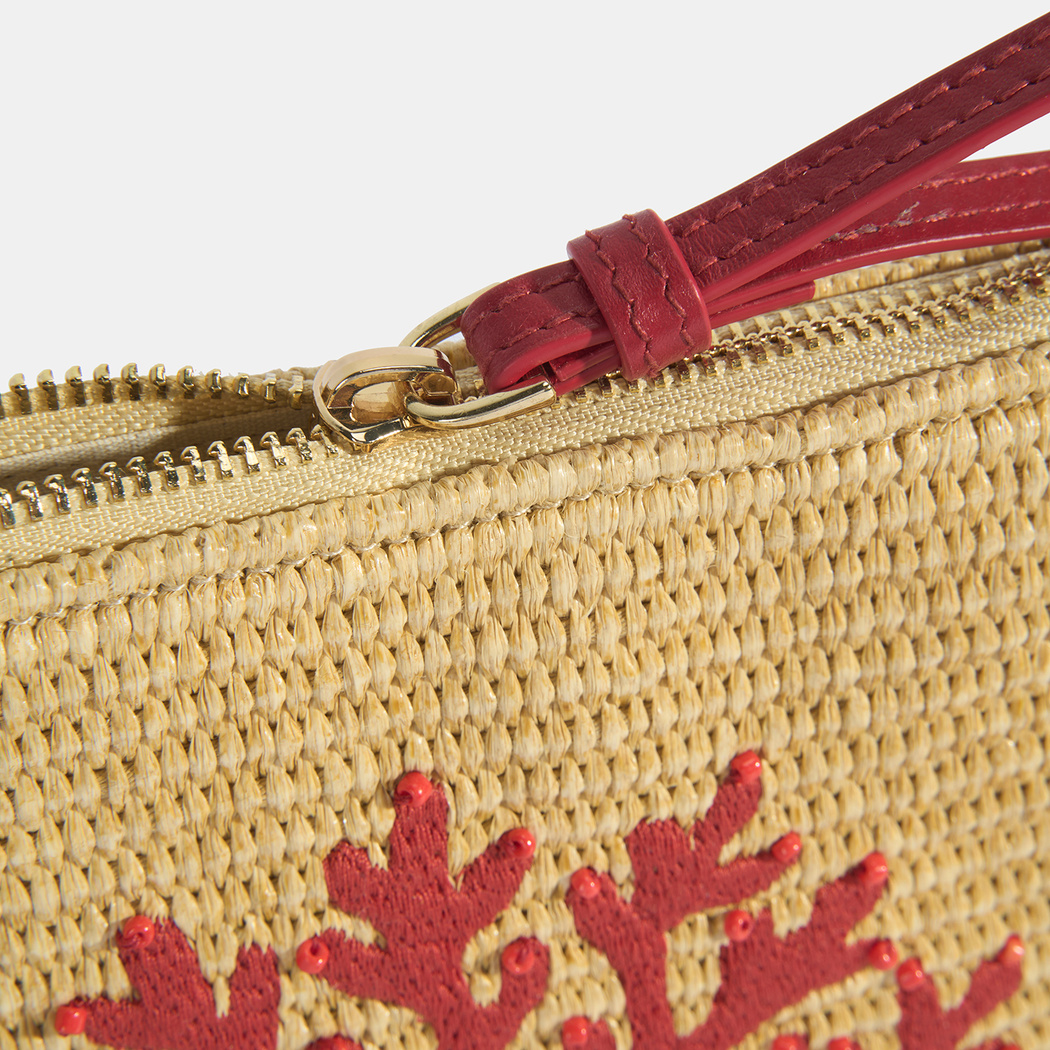 Kırmızı Mercan Nakışlı Hasır Clutch