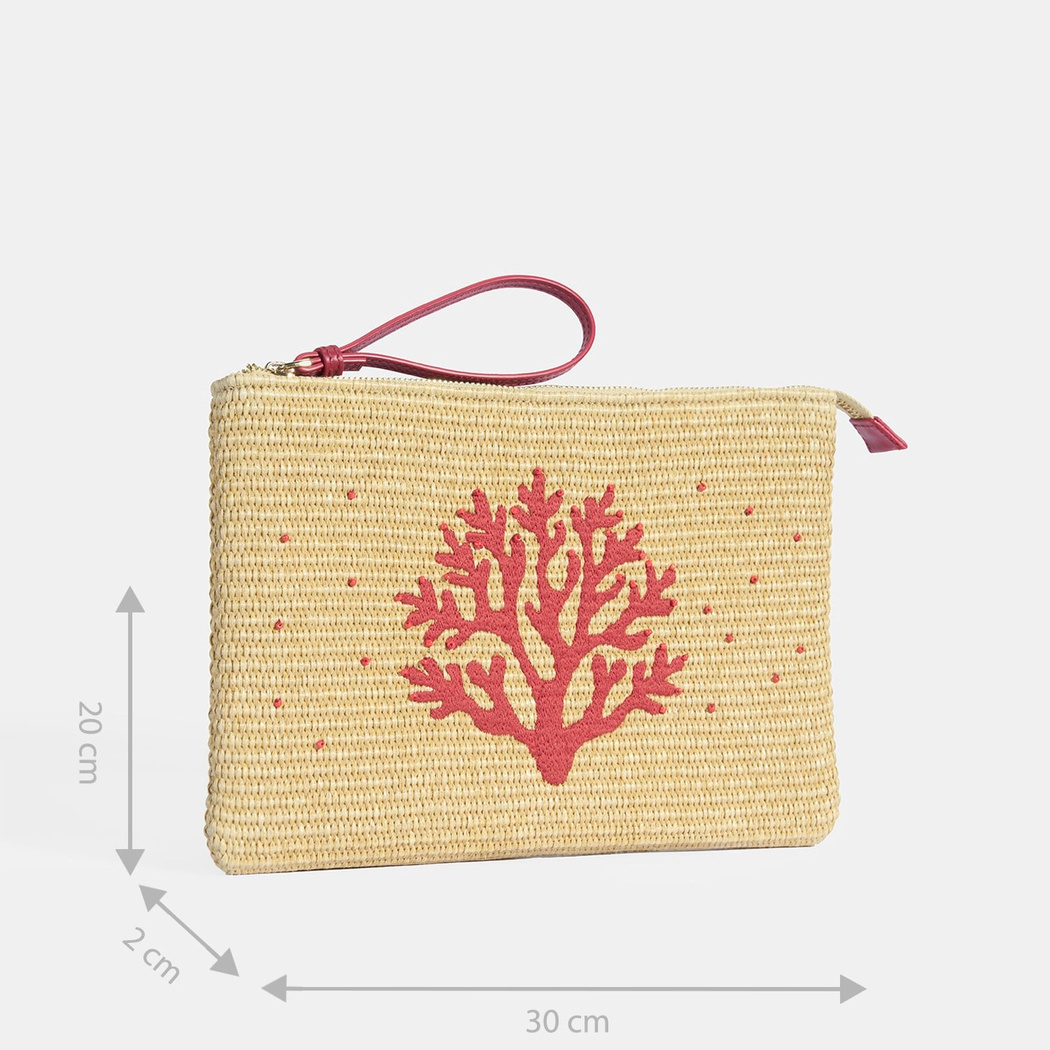 Kırmızı Mercan Nakışlı Hasır Clutch