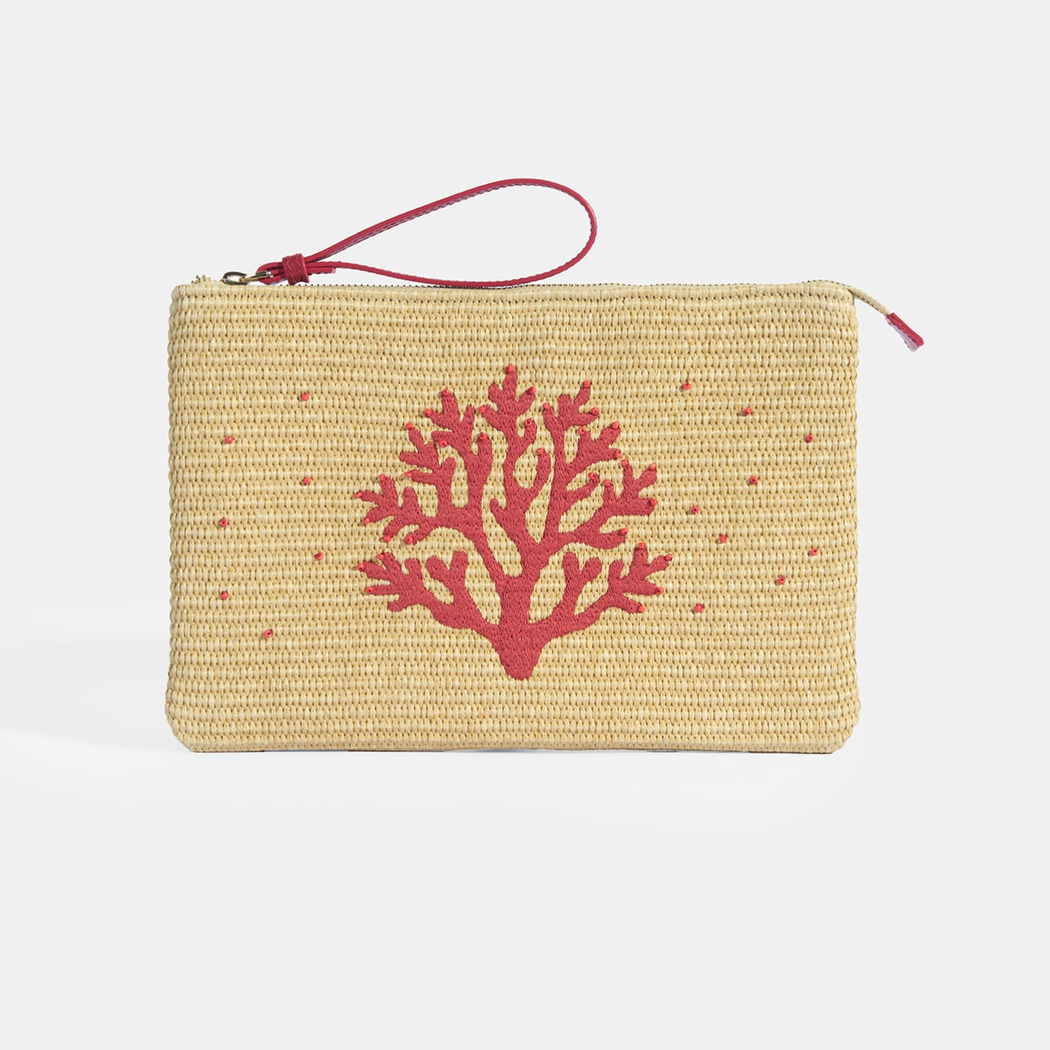 Kırmızı Mercan Nakışlı Hasır Clutch