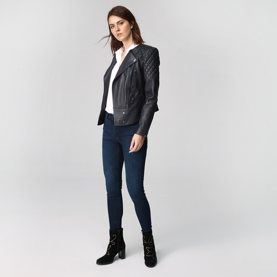 Lacivert Adonita Kadın Deri Mont