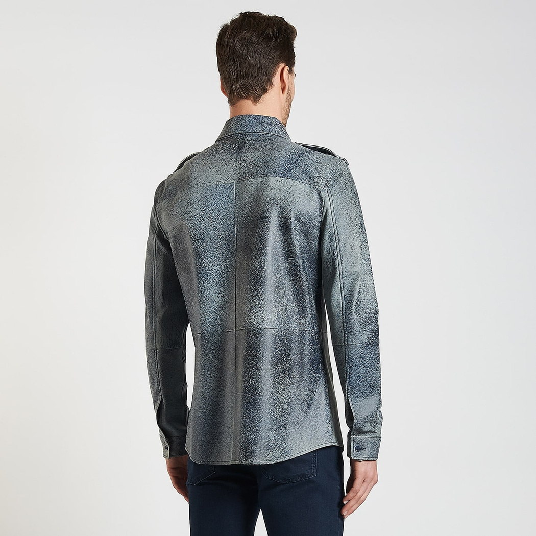 Lacivert Afshin Erkek Deri Gömlek