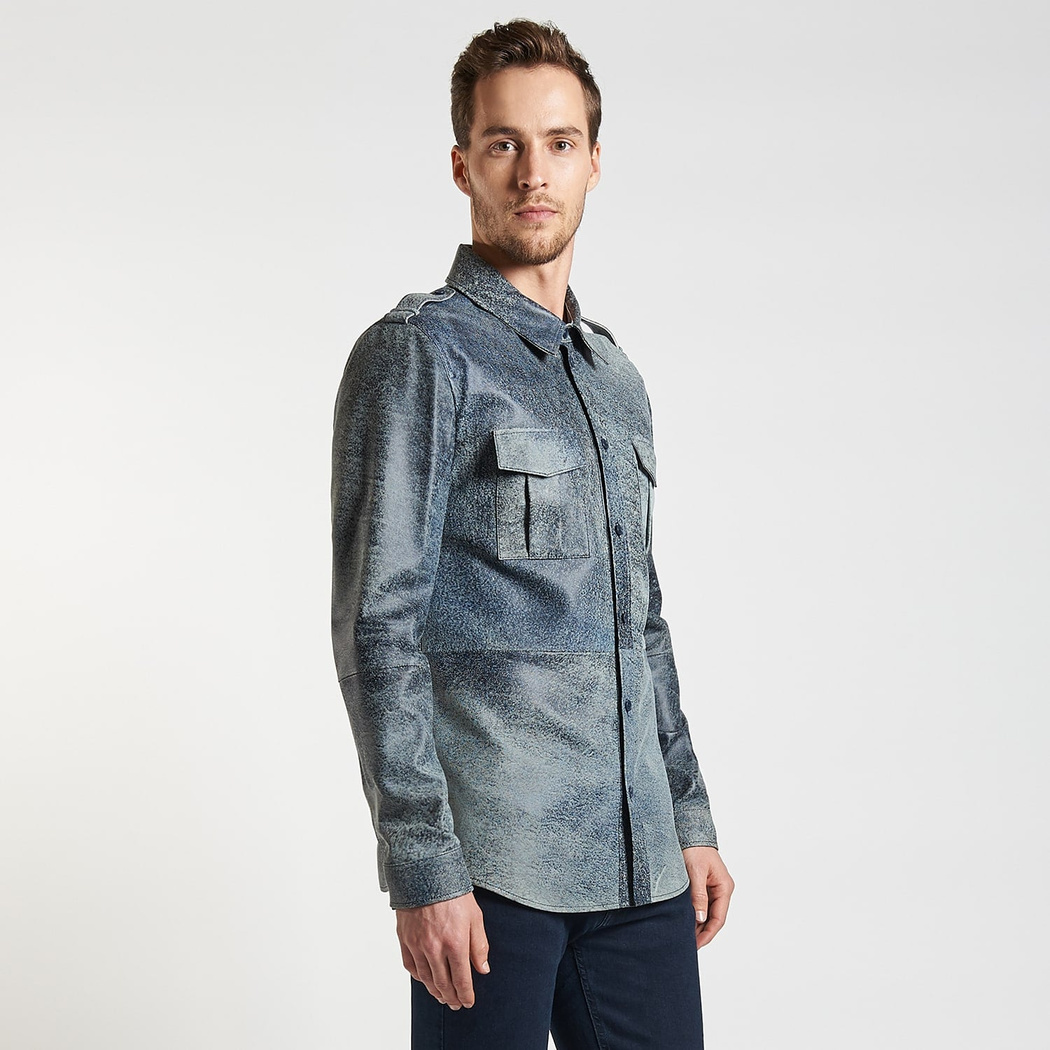 Lacivert Afshin Erkek Deri Gömlek