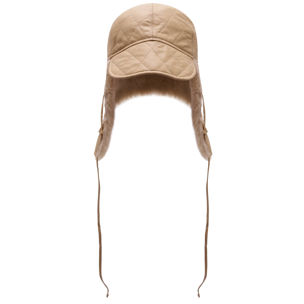 Lave Bej Kadın Kürklü Deri Pilot Şapka
