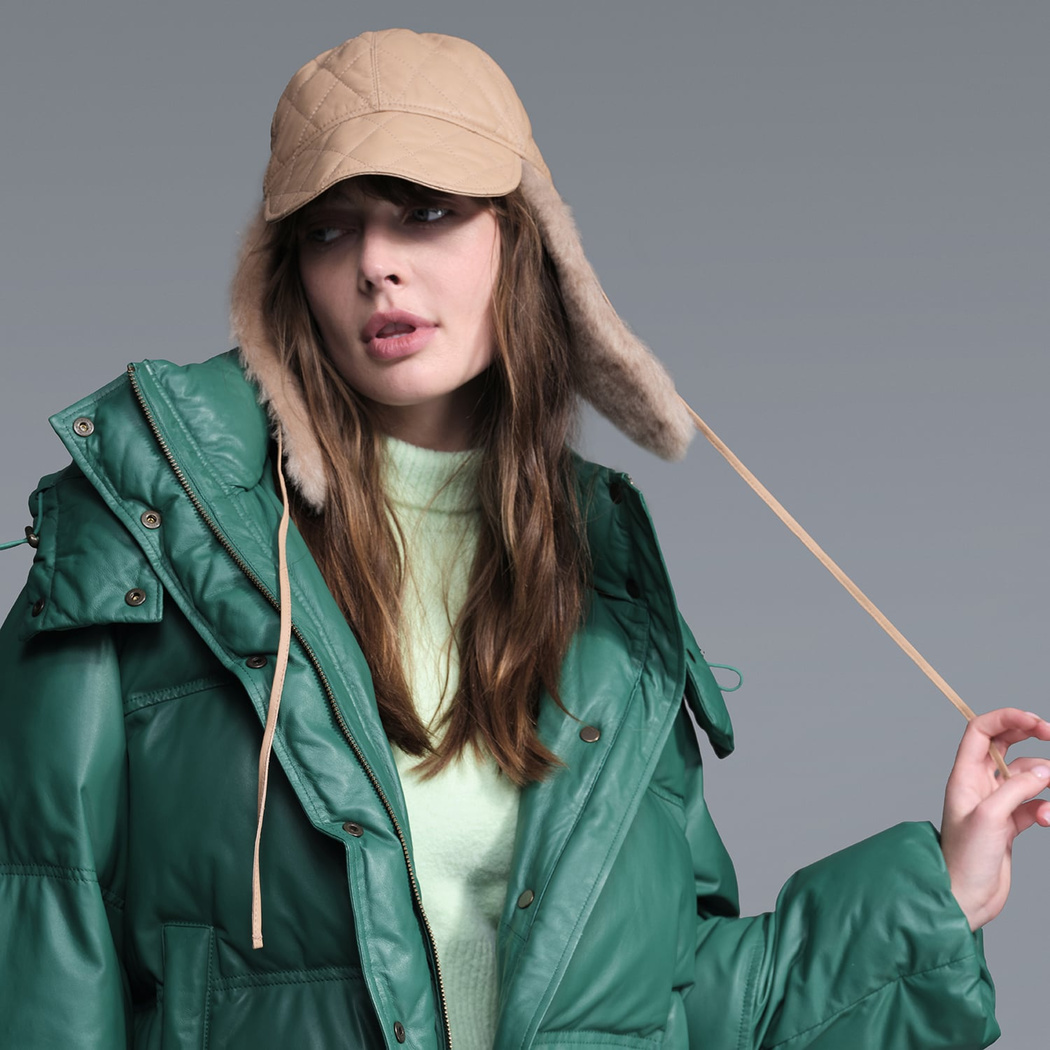 Lave Bej Kadın Kürklü Deri Pilot Şapka