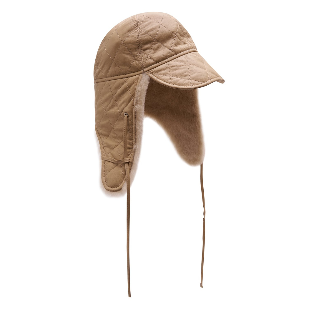 Lave Bej Kadın Kürklü Deri Pilot Şapka