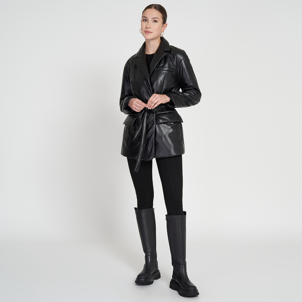 Lena Siyah Kadın Puffer Deri Kaban