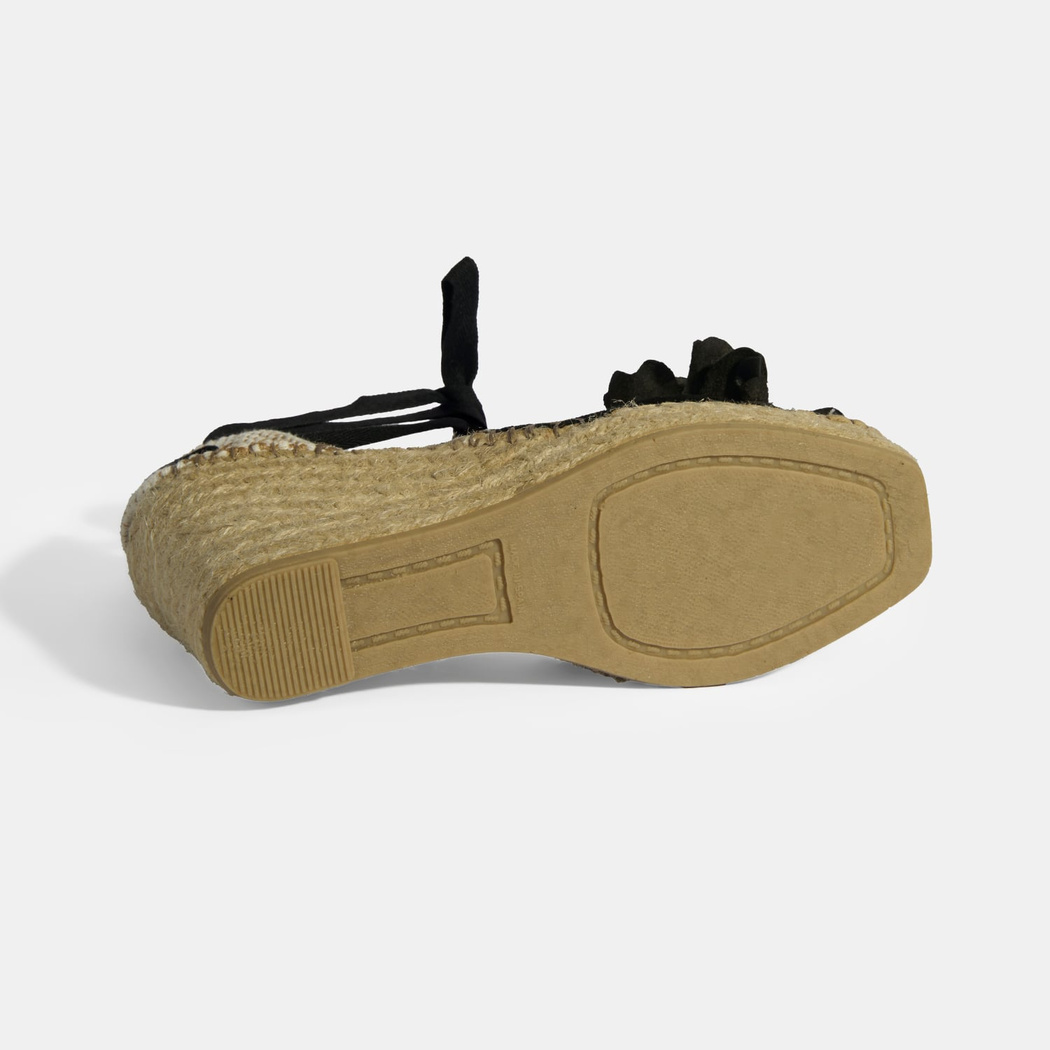 Limited Edition Siyah Kadın Çiçek Aksesuarlı Jüt Bağcıklı Dolgu Topuklu Süet Espadril