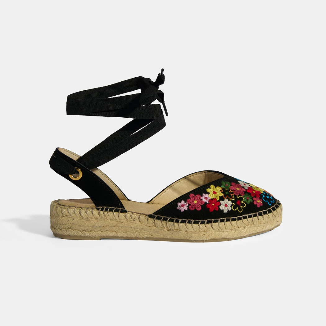 Limited Edition Siyah Kadın Çiçek Nakışlı Jüt Bağcıklı Slingback Espadril