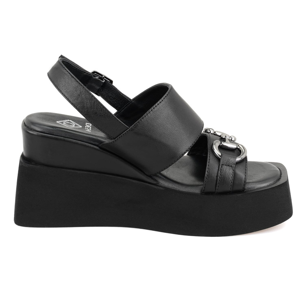 Linda Siyah Kadın Dolgu Tabanlı Deri Sandalet