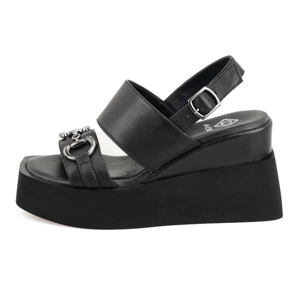 Linda Siyah Kadın Dolgu Tabanlı Deri Sandalet