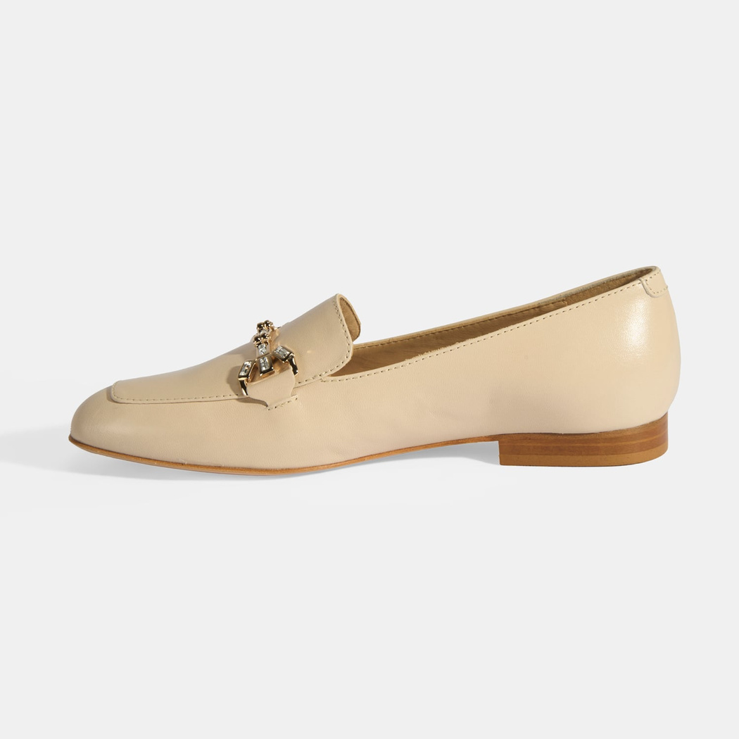 Luca Grossi Kadın Bej Taşlı Toka Aksesuarlı Deri Loafer