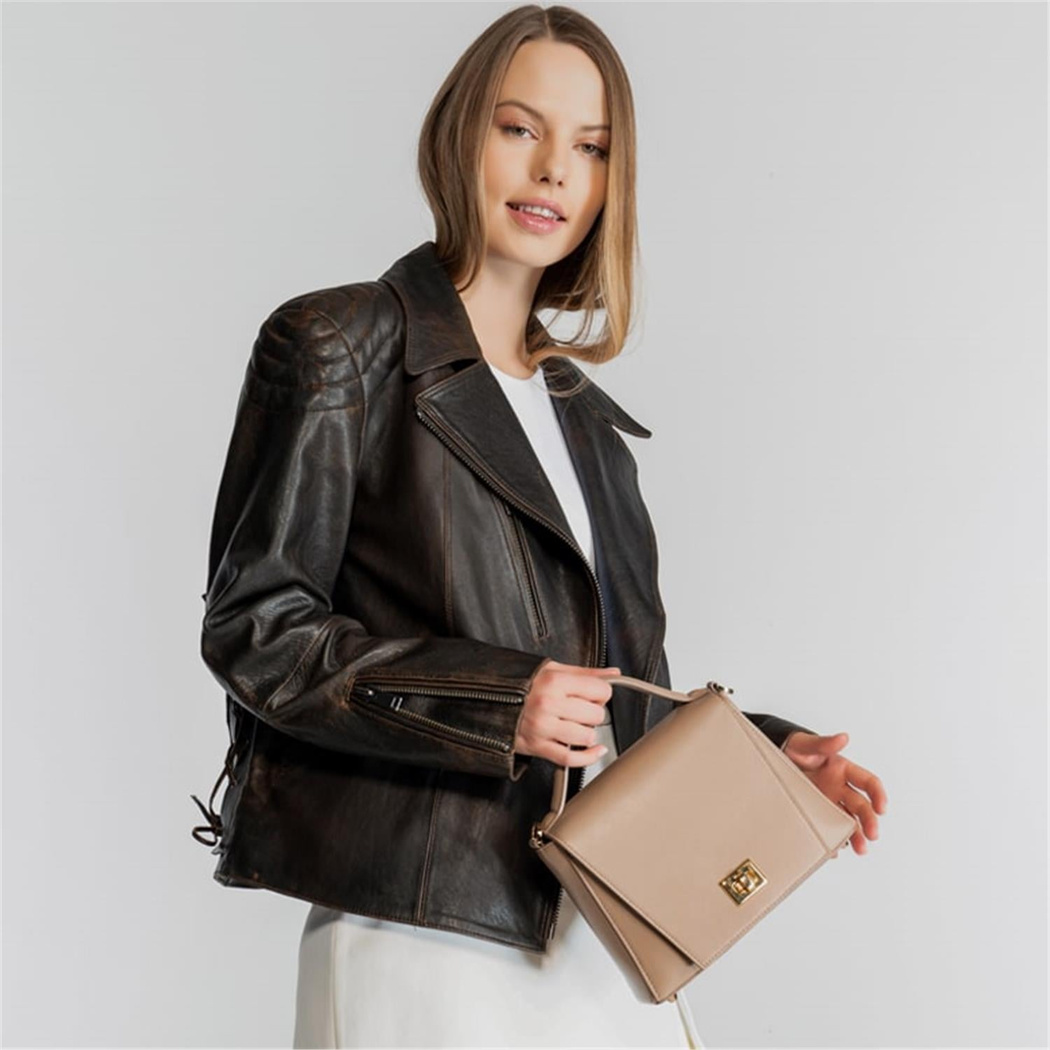 Lucette Kadın Eskitme Oversize Deri Biker Ceket